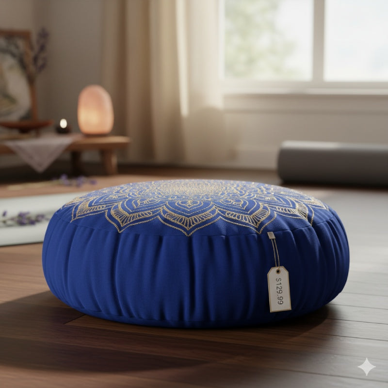 Designer Meditation Cushion (Velvet, Embroidered Mandala)